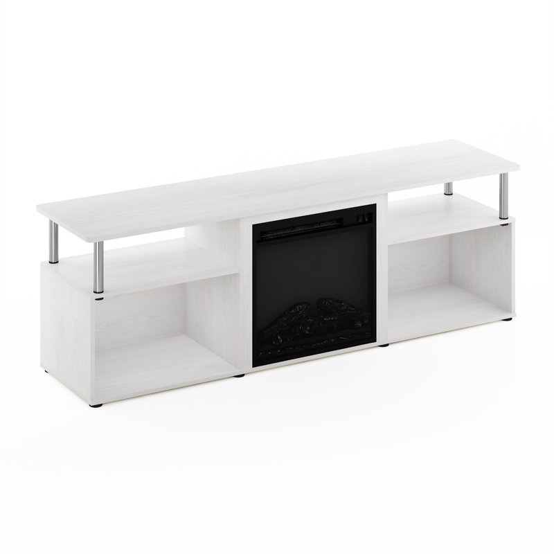 Nottoway TV Stand for TVs up to 70" with Electric Fireplace Included, White/Stainless Steel