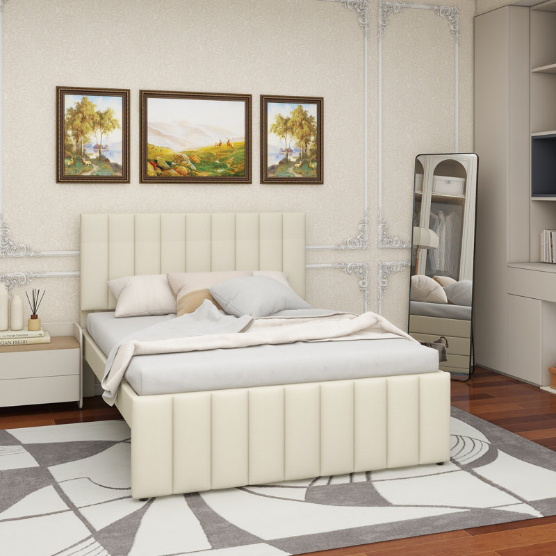Lit plateforme double tapissier avec lit gigogne simple et 3 tiroirs, tissu en lin, Beige