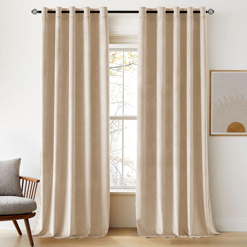 Thermal Velvet Curtains with Eyelet Ring Top - Blackout Crushed Velvet Drapes Pair, 168cm Width x 183cm Drop, Beige