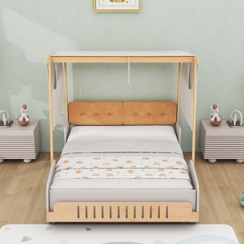 Lit voiture en bois avec tête de lit tapissier, toile de plafond et éclairage DEL, Double