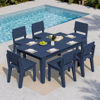 Ensemble de salle à manger d'extérieur Planta 7 pièces en PEHD comprenant une table rectangulaire avec trou pour parasol et 6 chaises de salle à manger sans accoudoirs