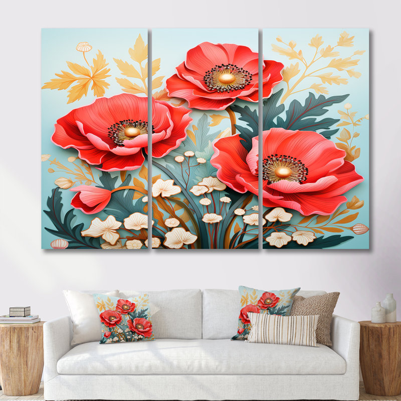 Ullery - Ensemble de décoration murale coquelicot, Toile tendue, H 28 po x l 36 po x P 1 po