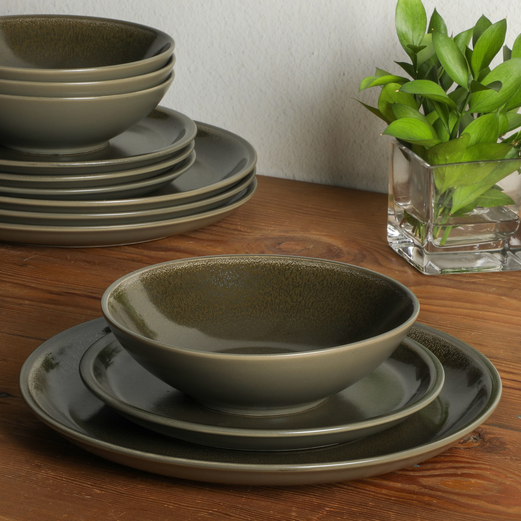 Gibson Elite 12 Piece (Service for 4) Lakecrest Plates and Bowls Reactive Glaze Round Dishes Stoneware Ceramic Dinnerware Set - Dark Green