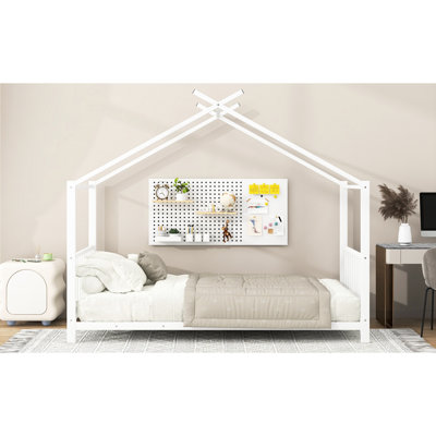 Twin Metal House Bed, White - Elegant Bedroom Option. Structure. No Box Spring. Easy Assembly Guide. 77''L X 40.8''W 63.8''H. 250Lbs Weight Limit. 18Pcs Bed Slats. 6-8'' Mattress Recommendation Size