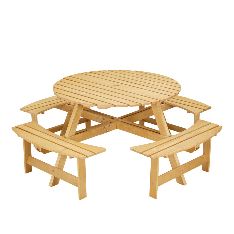 Spacious Rustic Wood Patio Tables With Umbrella Hole And Benches