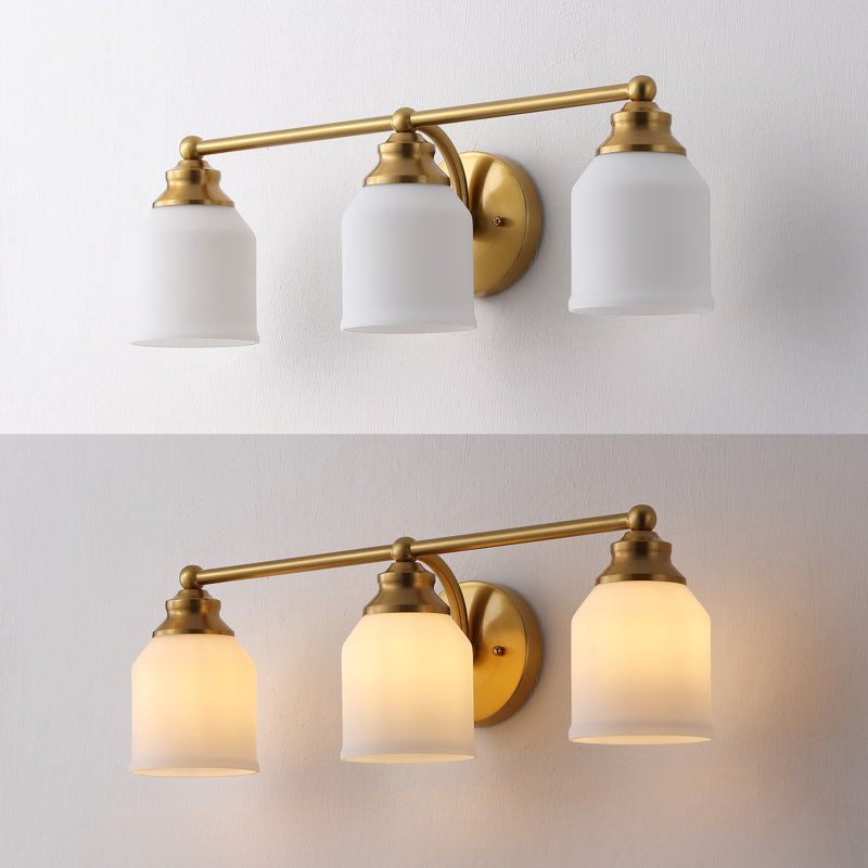 Lauder Iron/Frosted Glass Farmhouse Cottage LED Vanity Light, 3 Lights, Brass Gold