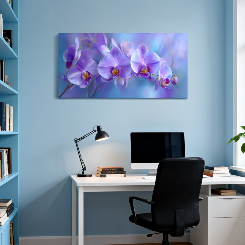 Plantes et fleurs, orchidées mauves, fond bleu doux, H 16 po x l 32 po