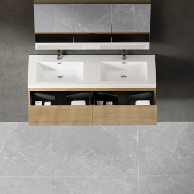 Ensemble de meuble-lavabo flottant 60 po avec lavabo, armoire murale rayée avec tiroir à fermeture en douceur et double surface blanche brillante, entièrement assemblé