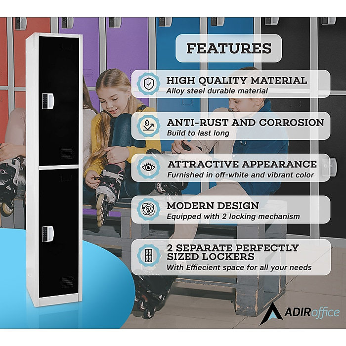 72" Black Steel Double Compartment Storage Locker with Adjustable Shelving