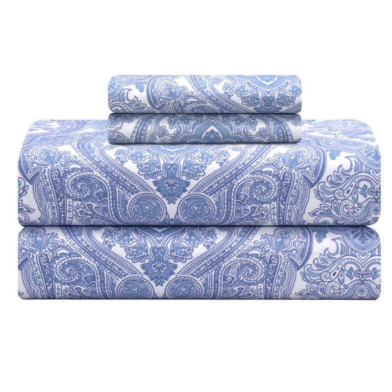 100% Cotton Sheets, 300 Thread Count Percale Weave Bedding, 16" Deep Pocket, Twin Sheet Set with 1 Pillowcase, Blue Paisley