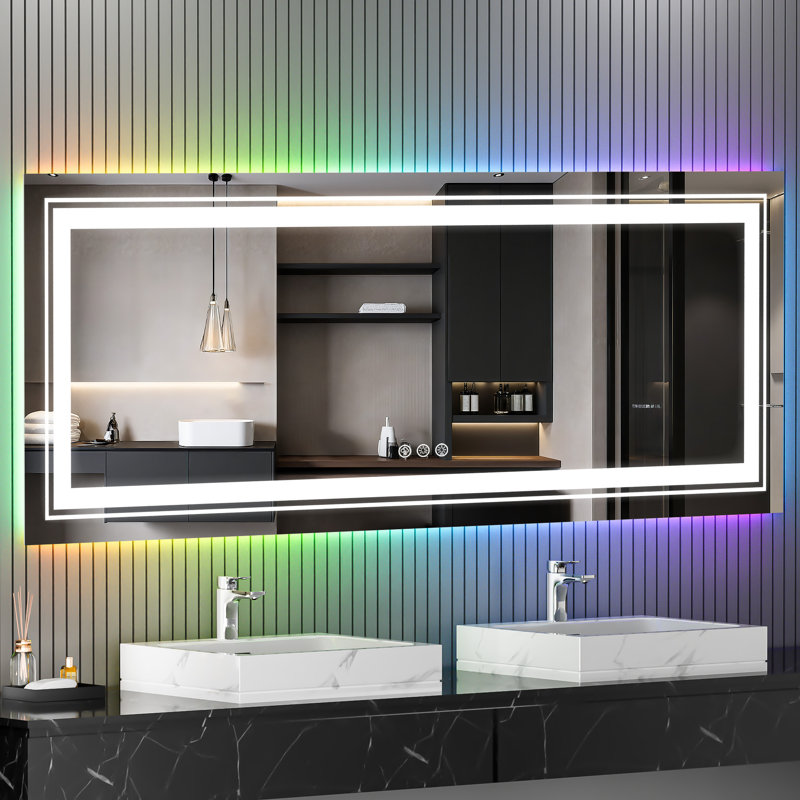 Miroir de salle de bain anti-buée avec rétroéclairage RVB et lumière DEL avant - verre trempé, à intensité variable