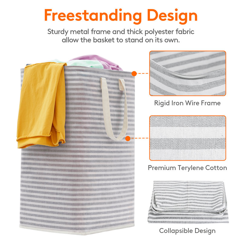 Gray Striped Large Collapsible Laundry Hampers with Handles