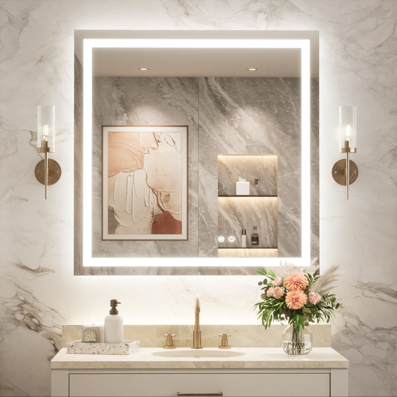 Cardier Front and Backlit Wall Mount Bathroom LED Vanity Mirror with 3-Color Adjustment, Shatterproof, Tempered Glass, Square