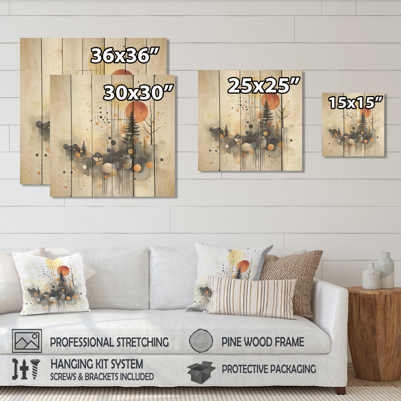 Paysage de forêt moderne noir et jaune IV - Paysage abstrait sur bois, H 15 po x l 15 po