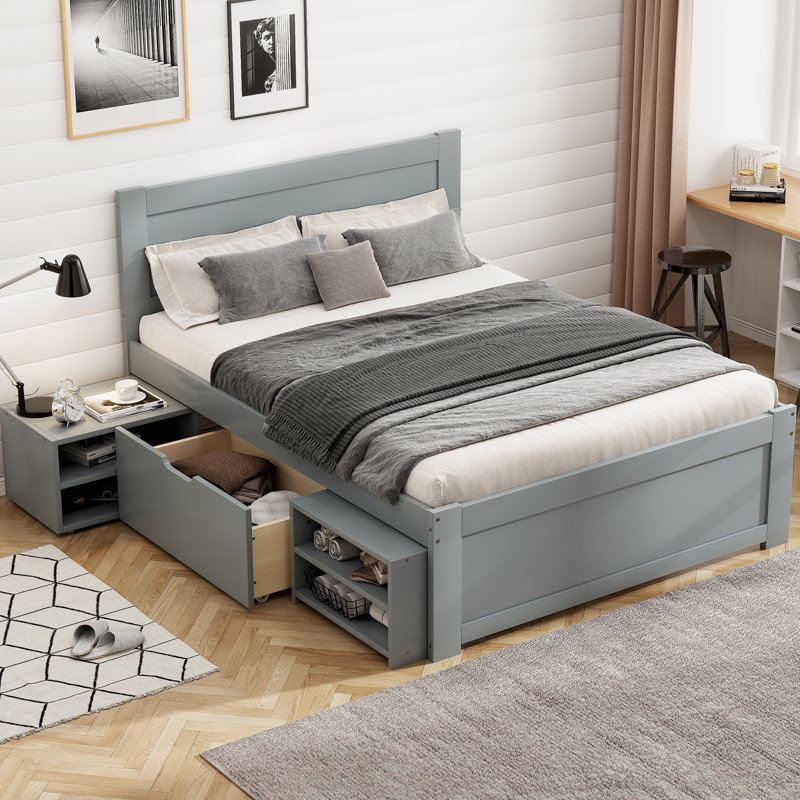 Lit plateforme simple avec tiroir et deux tablettes, construction robuste - gris, options de rangement généreuses, aucune nuisance sonore, sommier tapissier, processus d'assemblage simple