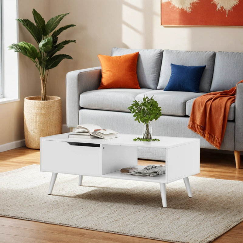 White Mid Century Modern Coffee Table with Drawer & Shelf, 39'' Wooden