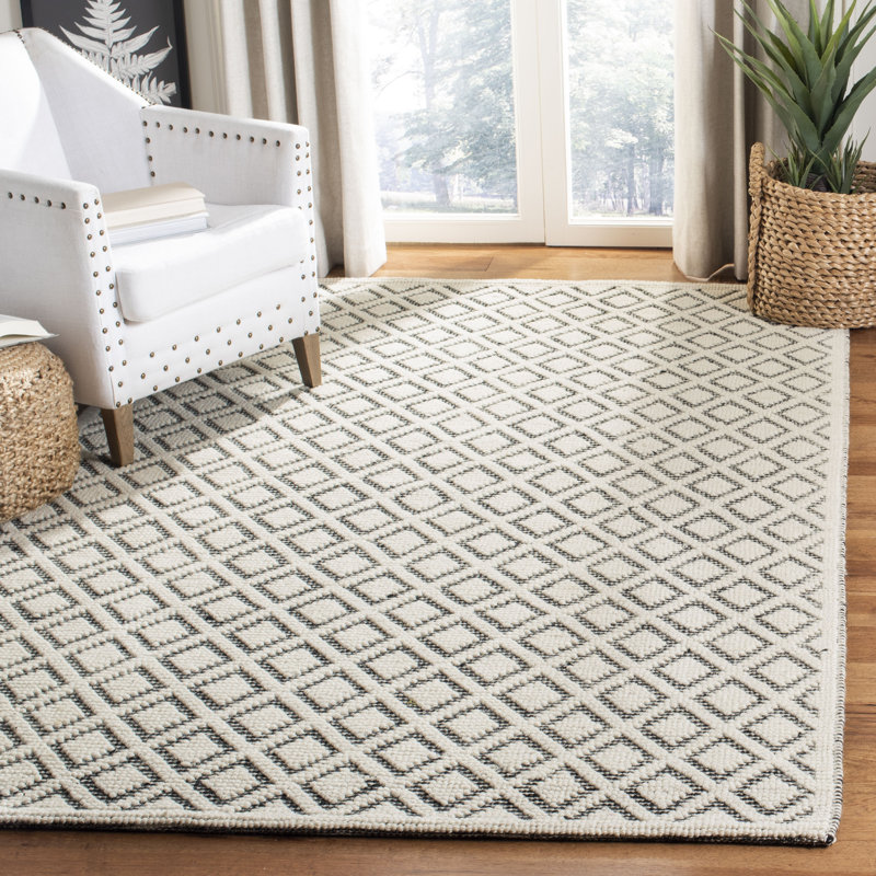 Tapis ivoire / noir en laine tissé à la main Matamoros, Rectangle 8 pi x 10 pi