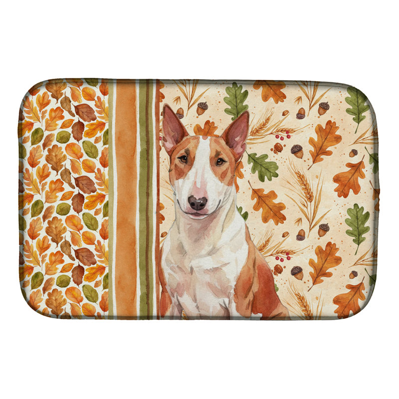 Red and White Bull Terrier Heirloom Fall Dish Drying Mat, Red/White