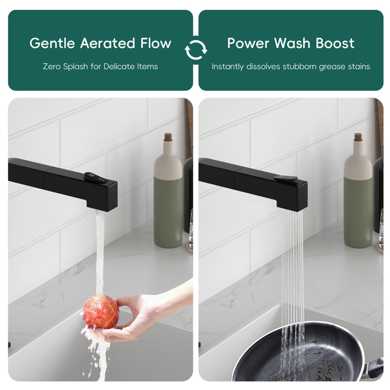 Robinet de cuisine carré avec douchette extractible, Noir mat