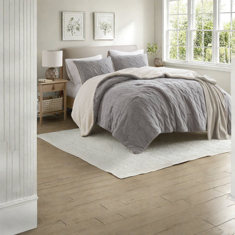 Luxurious Chenille Bedding Set, Gray, Cozy Waffle Knit Design