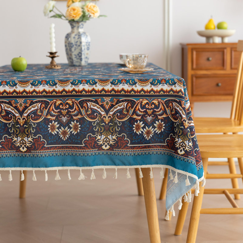  Nappe imprimée à la main pour tables carrées, housse de table rétro avec bords frangés, nappe décorative pour la cuisine et la salle à manger, 59 po x 86 po