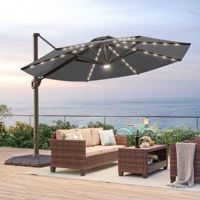 11Ft Aluminum LED Cantilever Patio Umbrella with Base for Patio Deck Garden