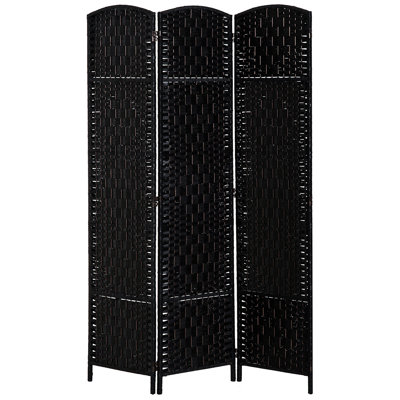 Cloison d'intimité tissée noire de 6 pi de hauteur. Élégant pour créer des espaces séparés. Diamant artistique tissé. 3 panneaux, charnière, grand écran portatif. Paravent de grandes pièces. Dessus arqué en bois cintré.