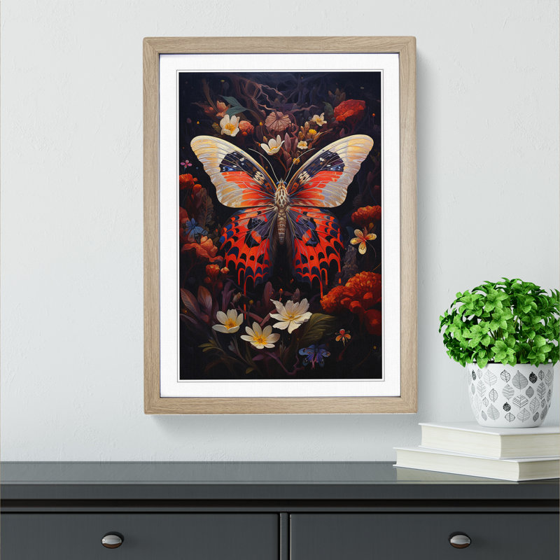 Moth Expressionism - Single Picture Frame Print on Wood, Oak Framed, 64cm H x 46cm W x 2cm D