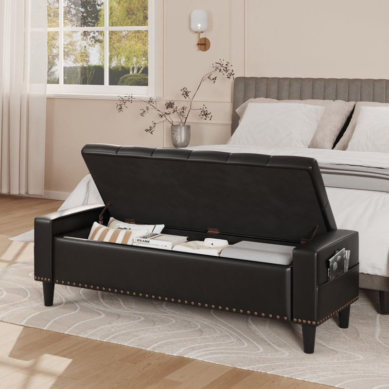 60" Faux Leather Storage Ottoman Bench, Black