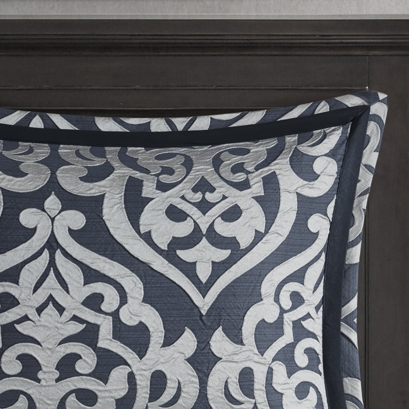 Navy and Silver Jacquard 8-Piece Queen Comforter Set