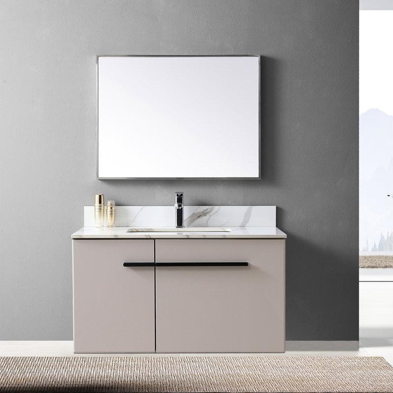 Plateau de meuble-lavabo de 37 po en pierre frittée dorée, avec lavabo rectangulaire en céramique et trou de robinet - flair en pierre facile à installer