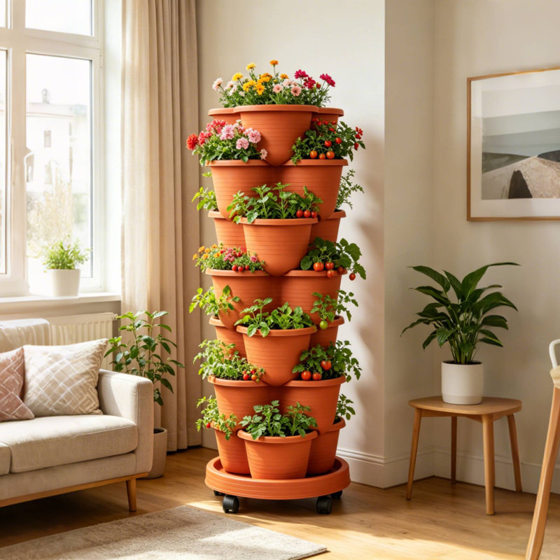 Pot à fleurs vertical à 7 étages avec poteau de soutien Strawberry, Rouge