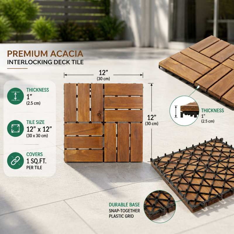 Ensemble de tuiles de terrasse en bois d'acacia emboîtables 30 pièces, motif à carreaux 12 po x 12 po, naturel