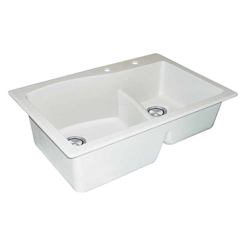 Aversa 33'' L Double Bowl Granite Kitchen Sink, White, 2-BD Hole