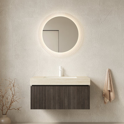 Meuble-lavabo de 36 po avec lavabo, armoire de rangement en contreplaqué flottant, plateau en pierre frittée Roma Travertine, lavabo en céramique, pré-assemblé, finition grain de bois espresso