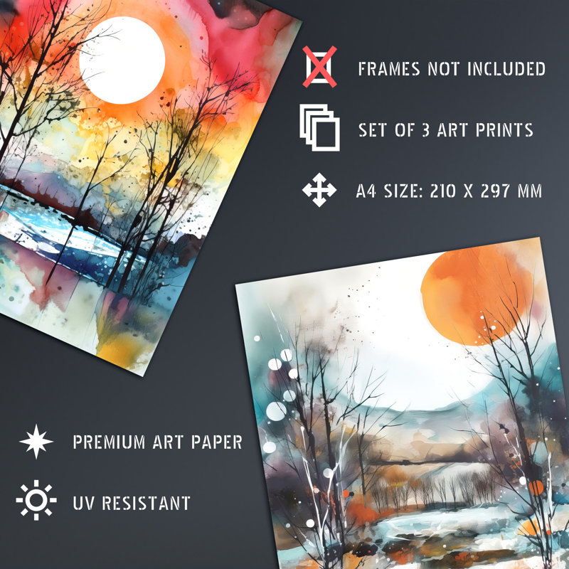 Winter Countryside Landscape Sun Moon - 3 Piece No Frame Print Set, 29.7cm H x 21cm W x 0.4cm D
