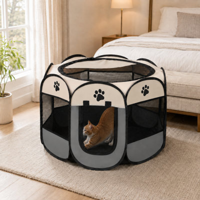 Parc portable octogonal pliable pour animaux avec panneaux en filet et porte à fermeture à glissière