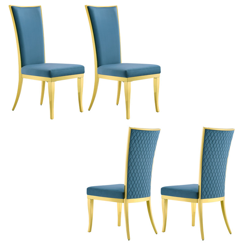 Ensemble de 4 chaises de salle à manger bleues, pieds robustes en métal au fini or riche poli, dossier haut