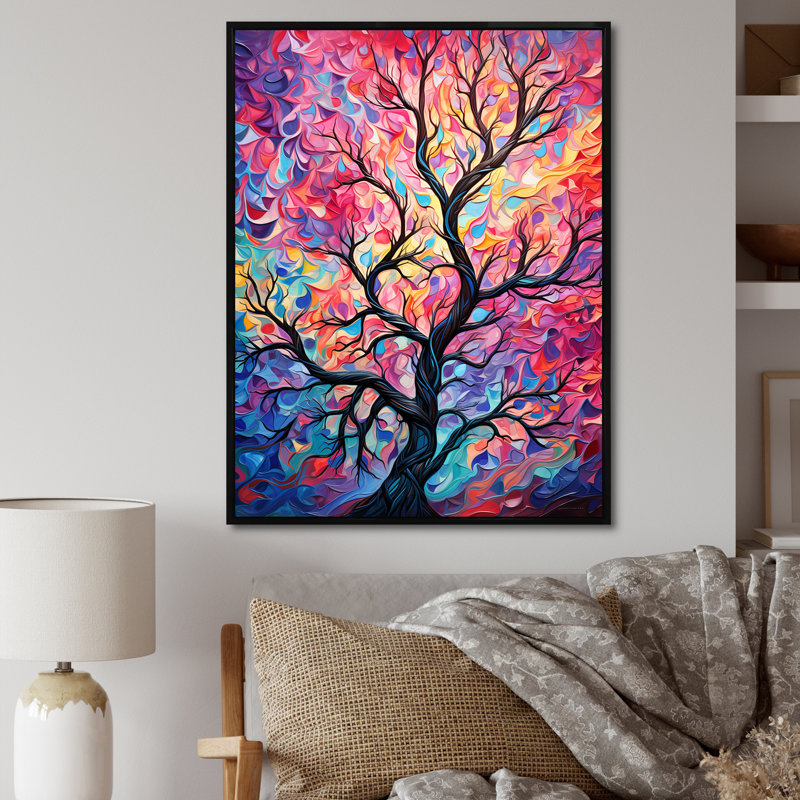 «Pink Tree Essence I» - art mural arbre, H 32 po x l 16 po x P 1 po, Cadre photo noir