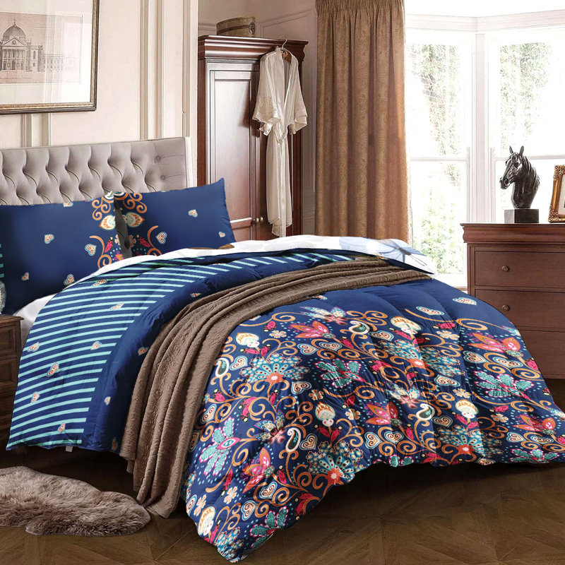 Ensemble d'édredon imprimé avec housses de coussins décoratifs, grand, bleu, Édredon de grand lit + 4 pièces additionnelles