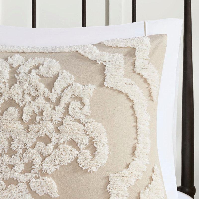 Housse de couette 3 pièces en chenille de coton, taille queen/full, style shabby chic avec fermeture à boutons et liens.
