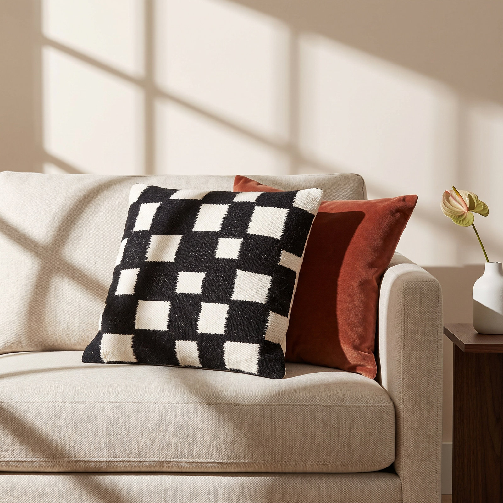 Leonida Geometric Cotton Throw Pillow, Jet Black/Off-White, Polyester/Polyfill, 22"H x 22"W