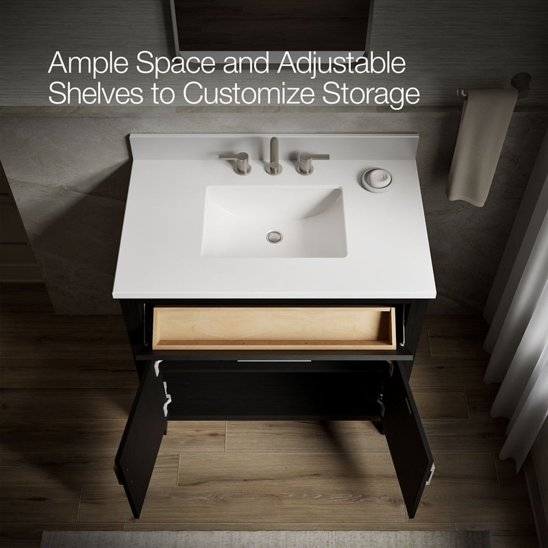 Kresla 36 In. Bathroom Vanity Cabinet With Sink And Quartz Top, Black Oak, Brushed Nickel