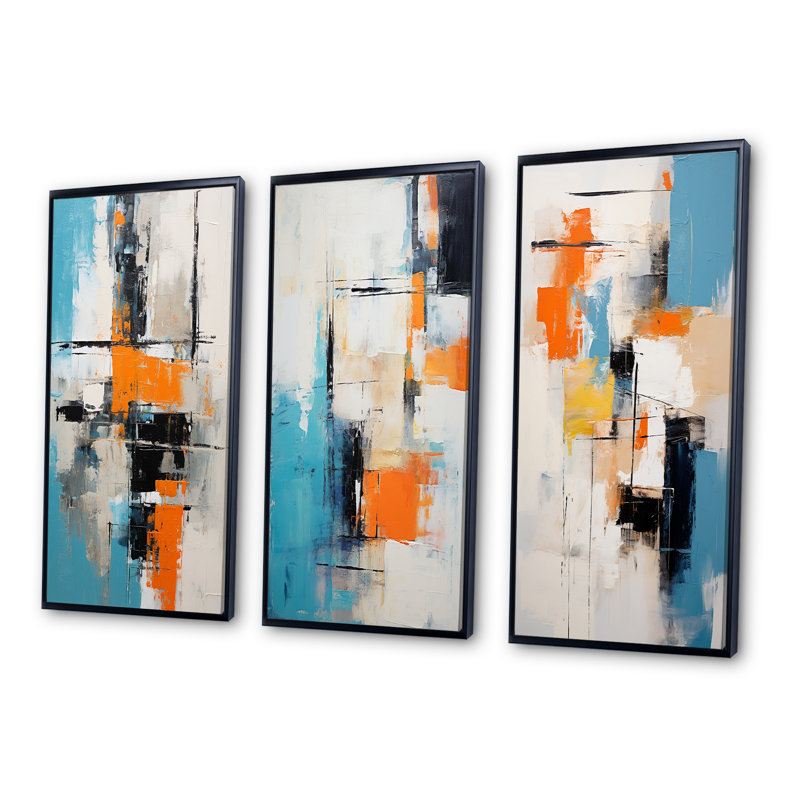 Cubist Visions Deconstrstruction Minimalisme II - Ensemble de 3 peintures abstraites, Cadre flottant noir, H 28 po x l 36 po