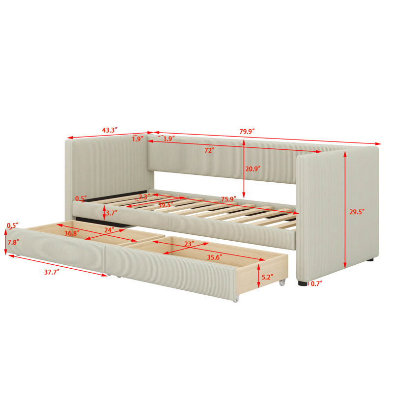 Stylish Twin Corduroy Stanmore With Integrated Storage Drawers And Solid Wood Frame, Beige