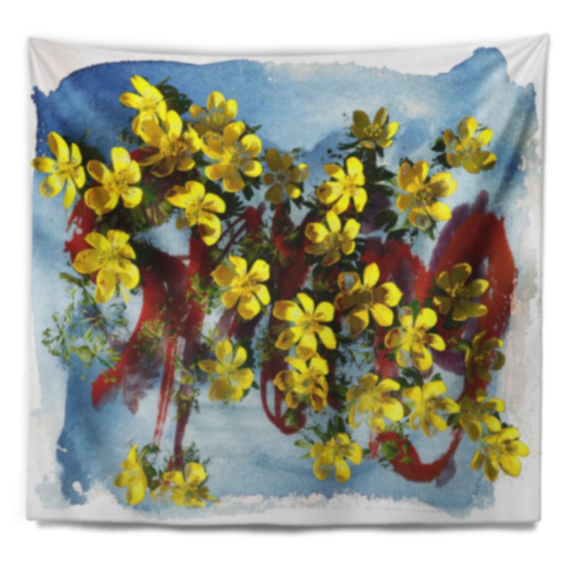 Tapisserie florale et fleurs printanières jaunes, H 50 po x l 60 po