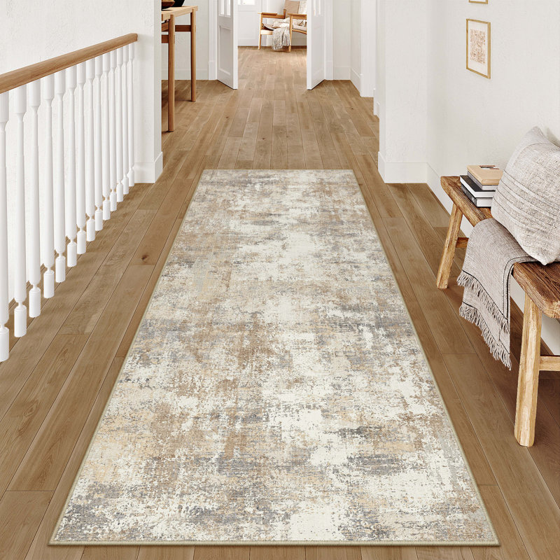 Tapis lavable moderne abstrait or grisâtre, Or grisâtre, Tapis de couloir 2 pi x 6 pi