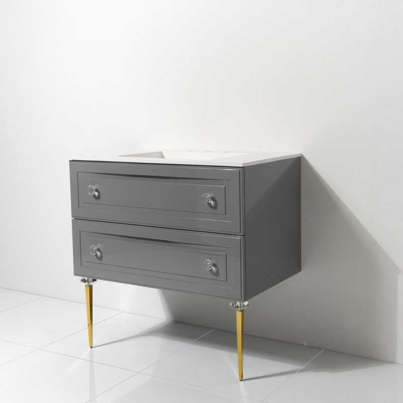 Ensemble de meuble-lavabo simple 30 "avec comptoir à surface solide Safira, Gris, Or