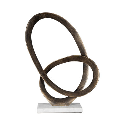 Twined Abstract Ring Sculpture, White Marble Base, 16 Inch Dark Gold