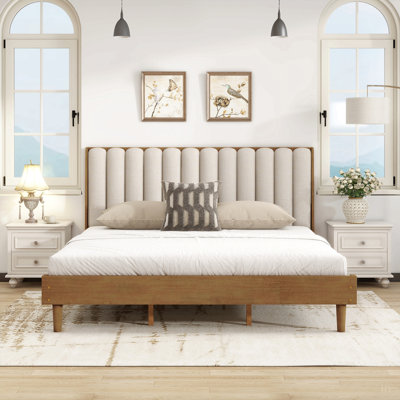 Lit en bois avec tête de lit tapissier de style piano, lit en bois avec cadre de lit renforcé
